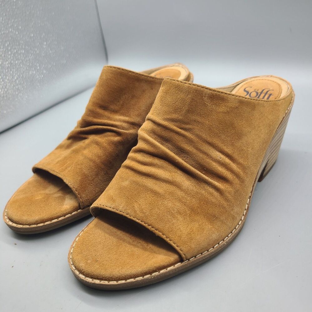 Sofft Strathmore Women Slide Sandals sz 8 Tan Leather Suede Wedge Heel Open Toe - Picture 4 of 12
